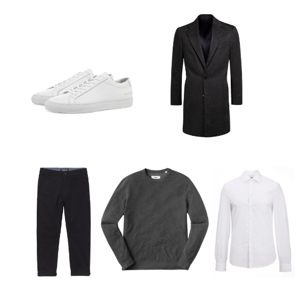 Men's White Long Sleeve Shirt, Black Chinos, White Leather Low Top Sneakers,  Black Sunglasses | Lookastic