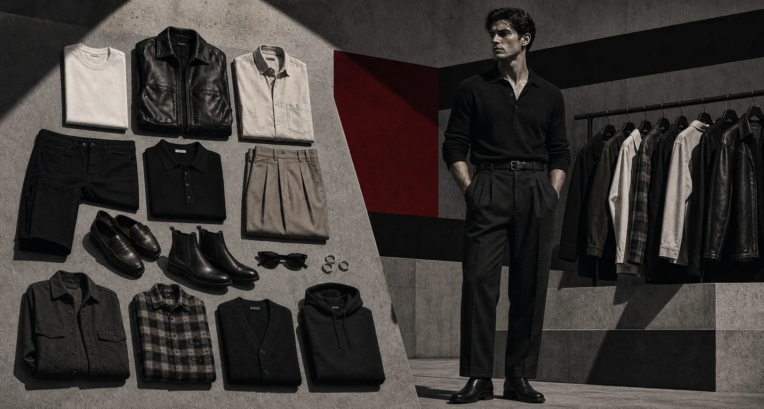 Brutalist illustration of aesthetic clothes for men