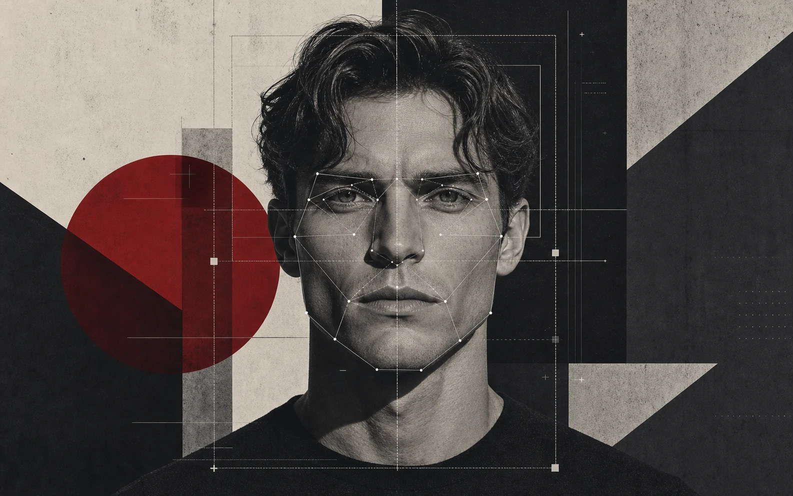 Brutalist illustration of an AI face rating analysis for men
