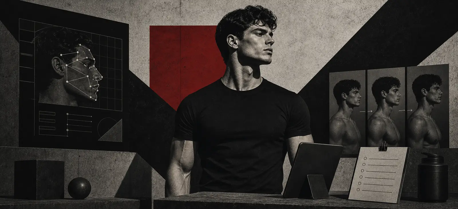 Brutalist illustration of an AI glow up coach analyzing men's appearance
