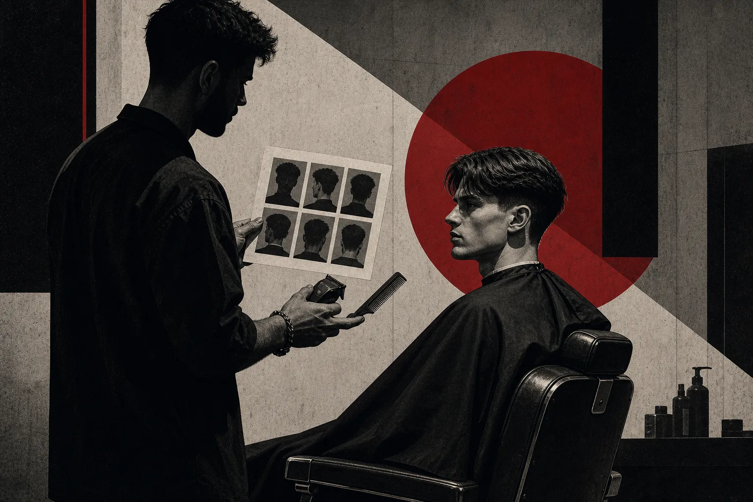 Brutalist illustration of a man asking a barber for a haircut