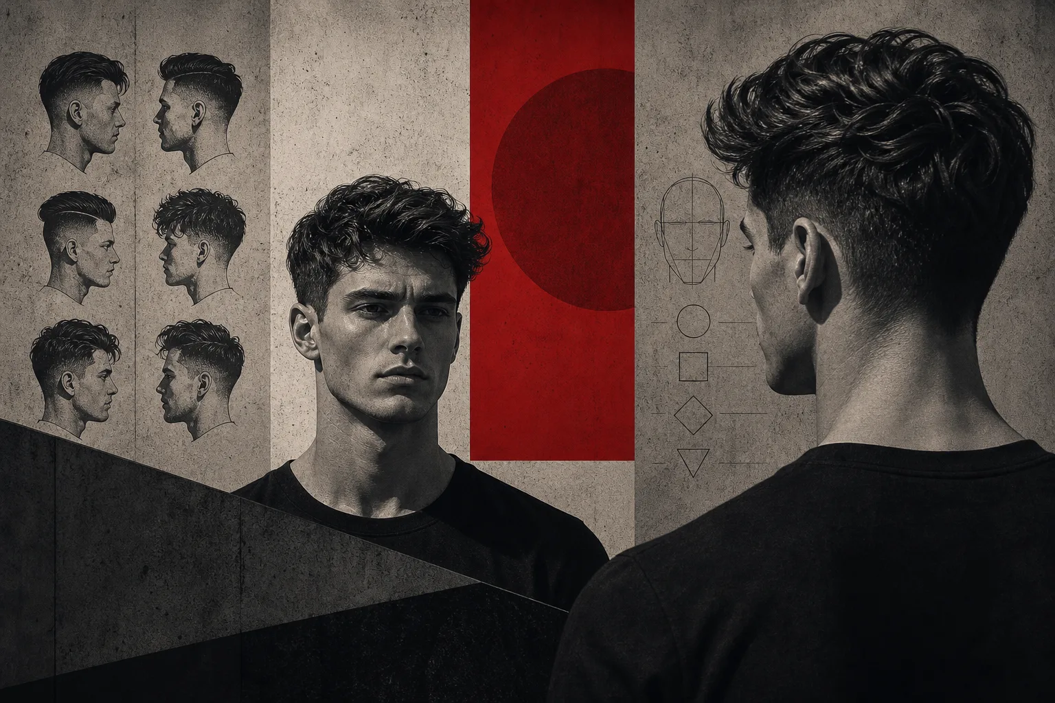 Brutalist illustration of a man comparing AI hairstyle options