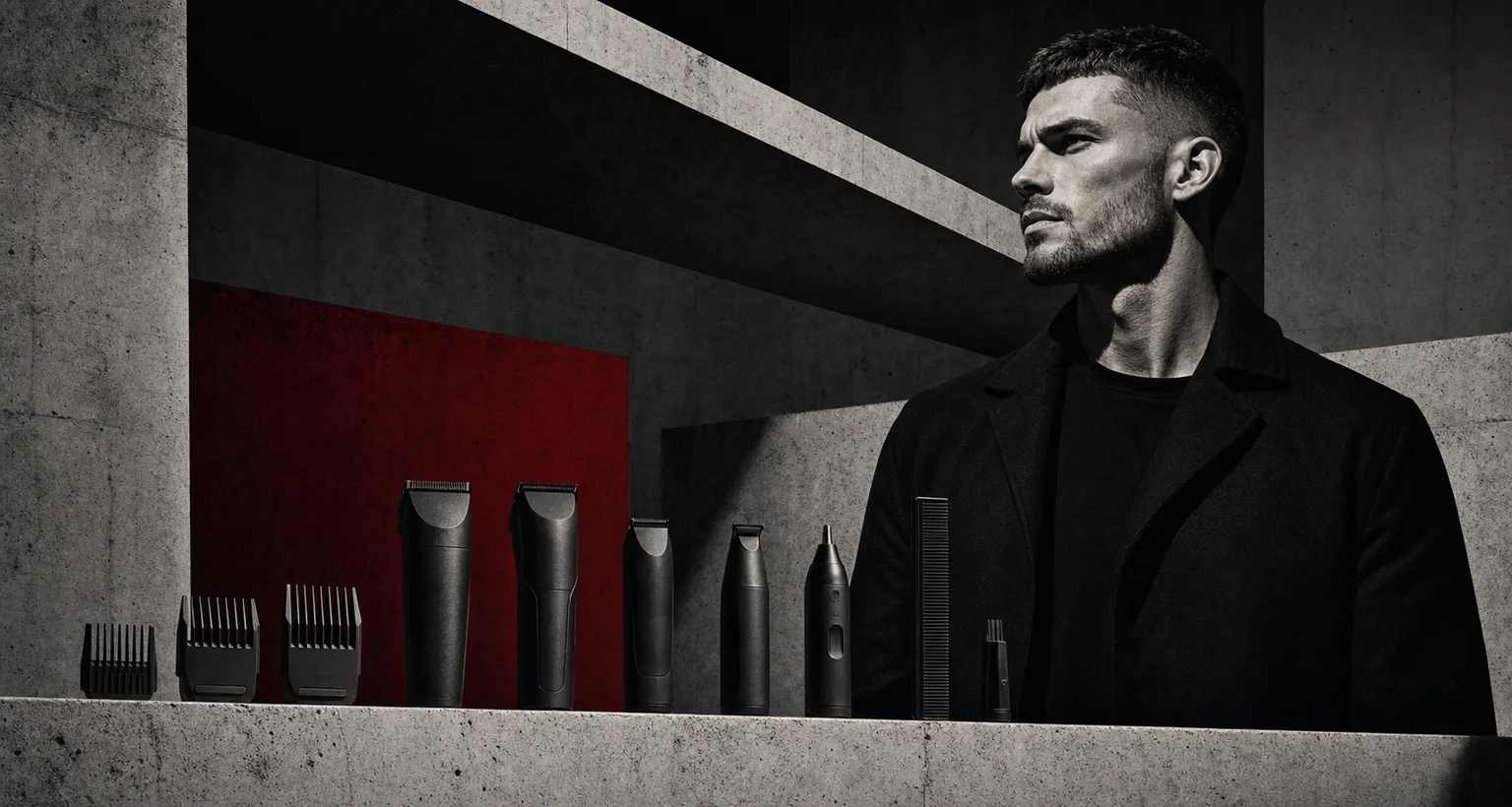 Brutalist illustration of a man choosing a beard trimmer