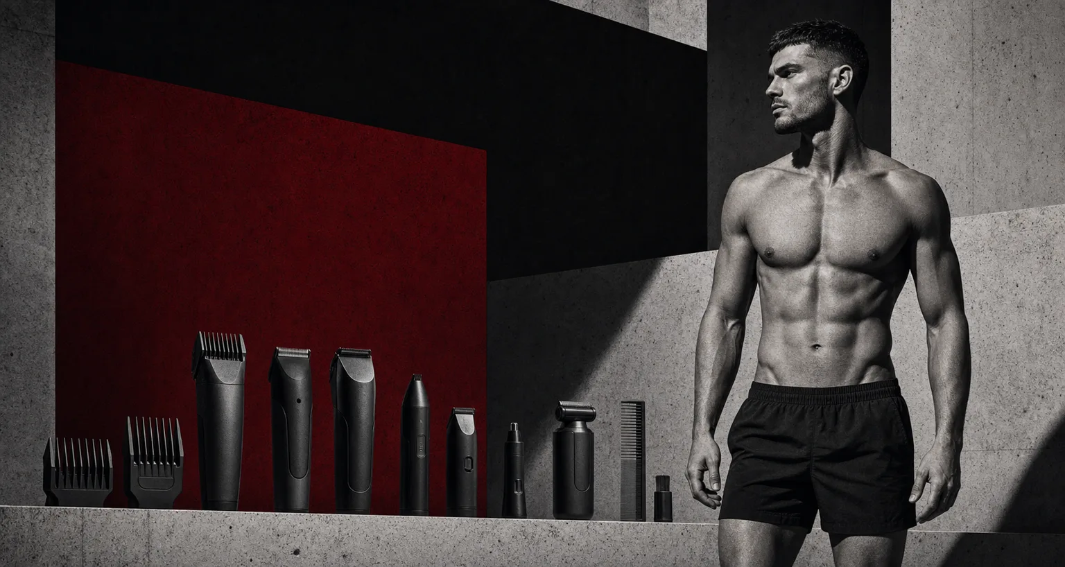 Brutalist illustration of a man choosing a body groomer
