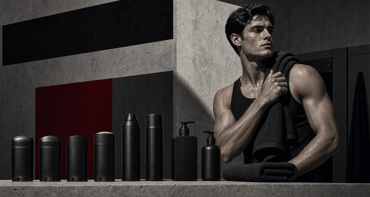 Brutalist illustration of a man choosing deodorant