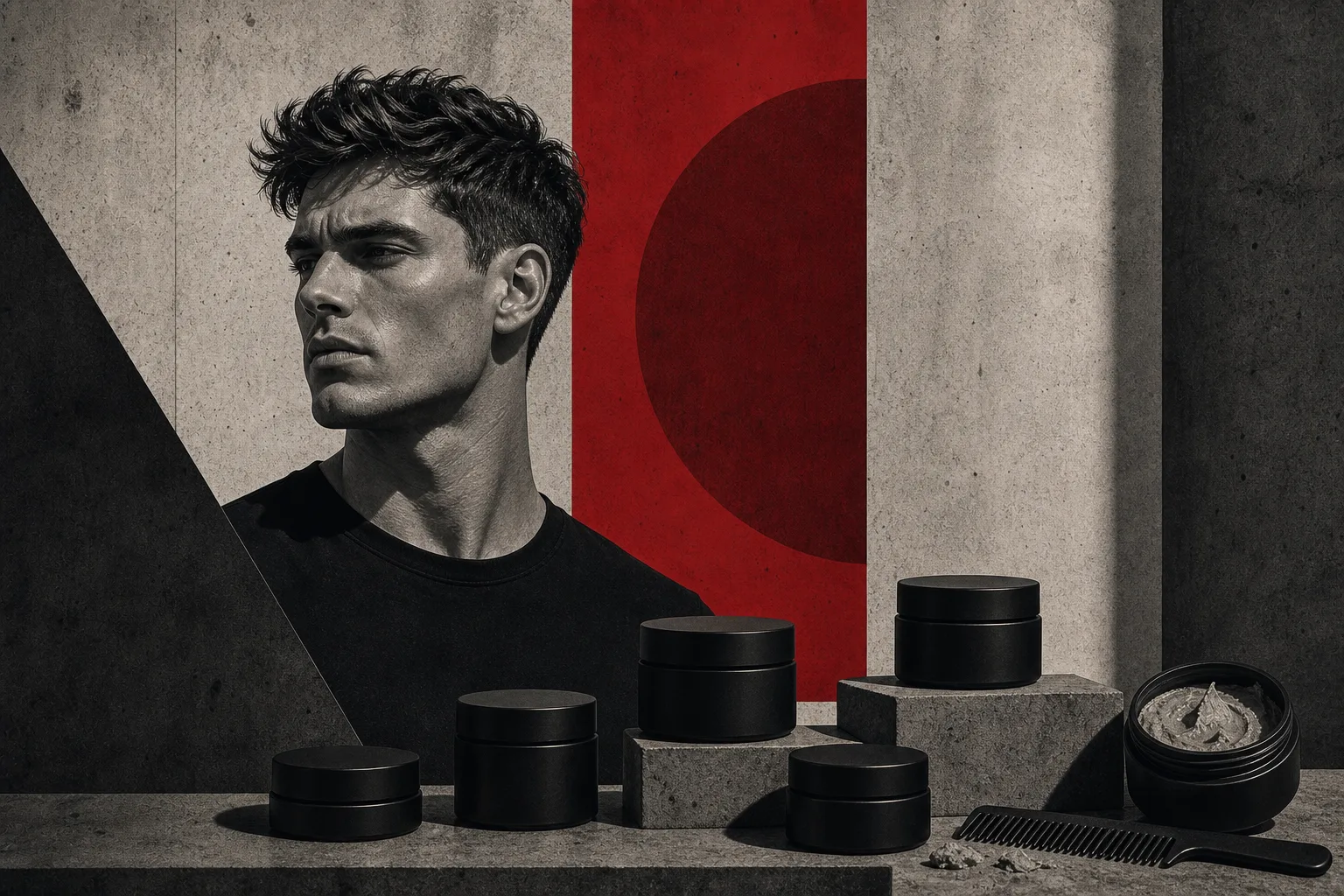 Brutalist illustration of a man using matte hair clay