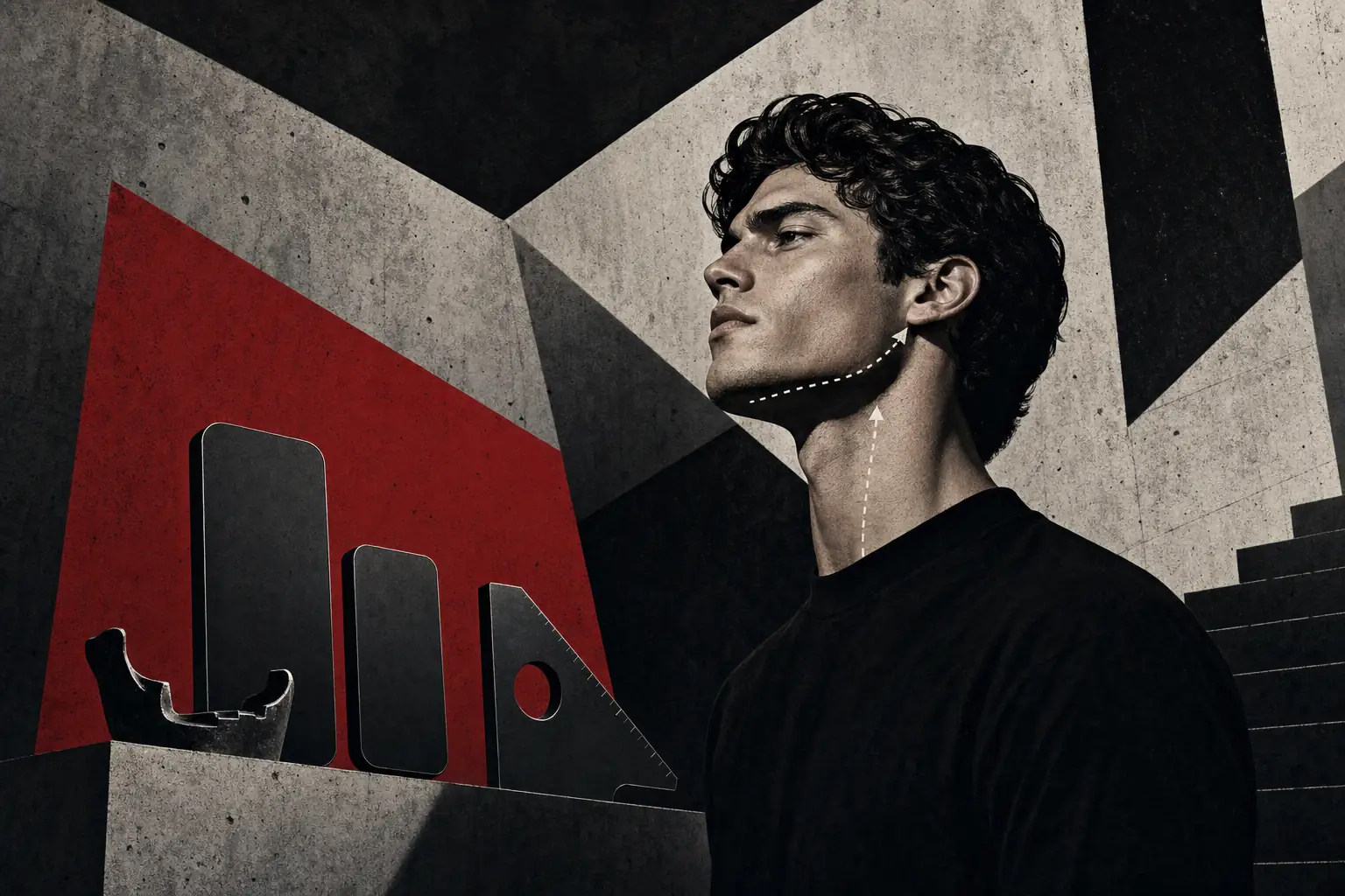 Brutalist illustration of mewing apps and jawline posture for men