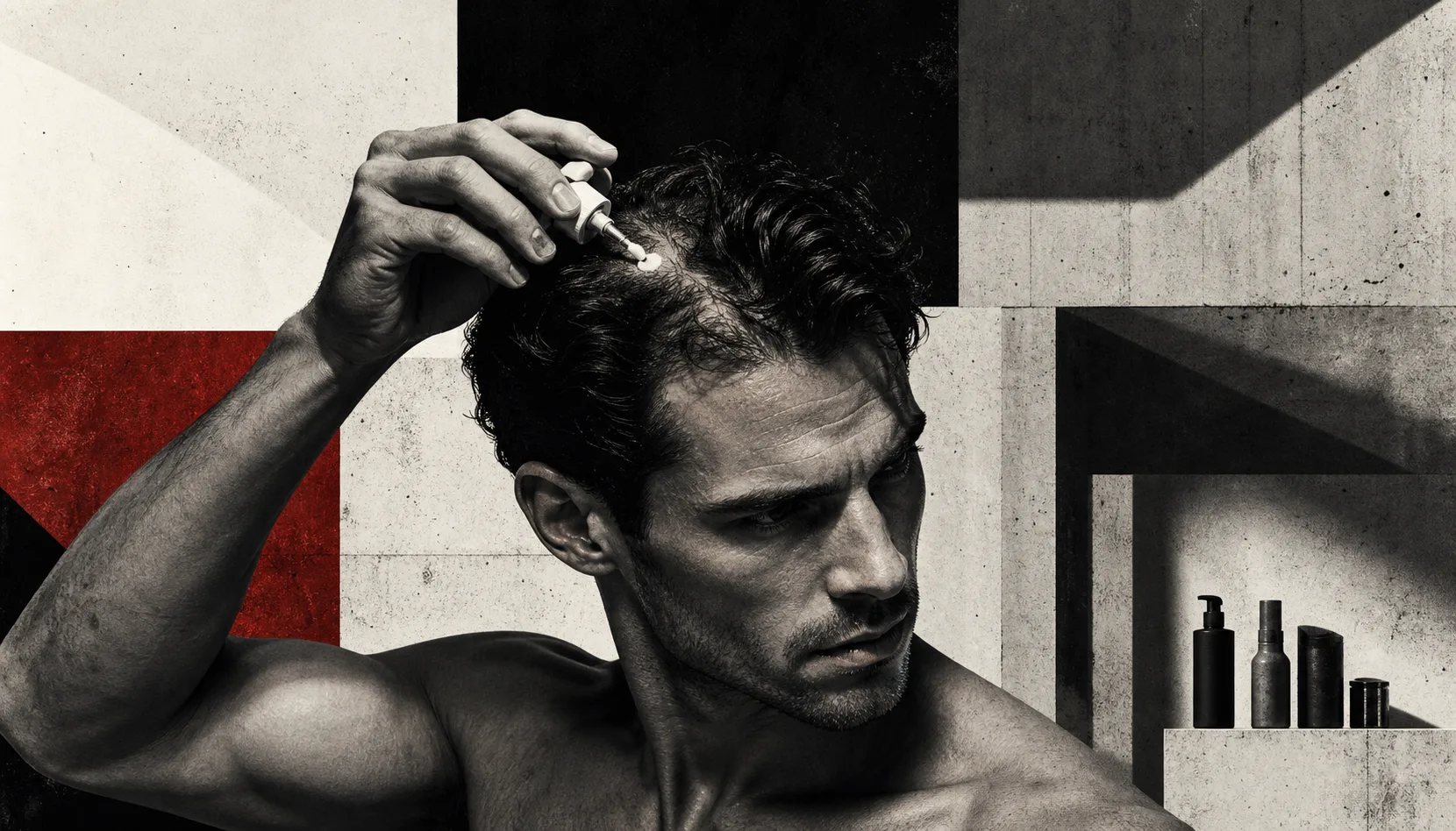 Brutalist illustration of a man applying minoxidil to thinning hair