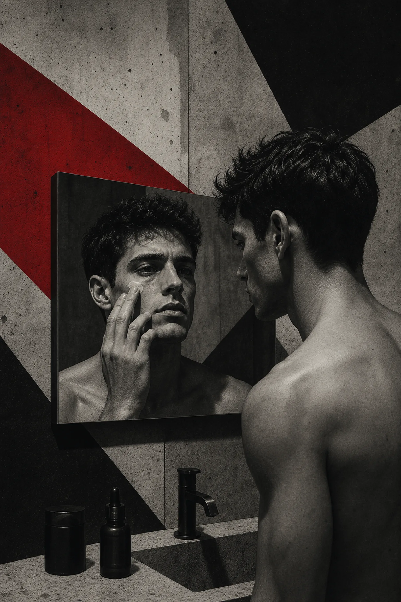 Brutalist illustration of a man applying retinol at night