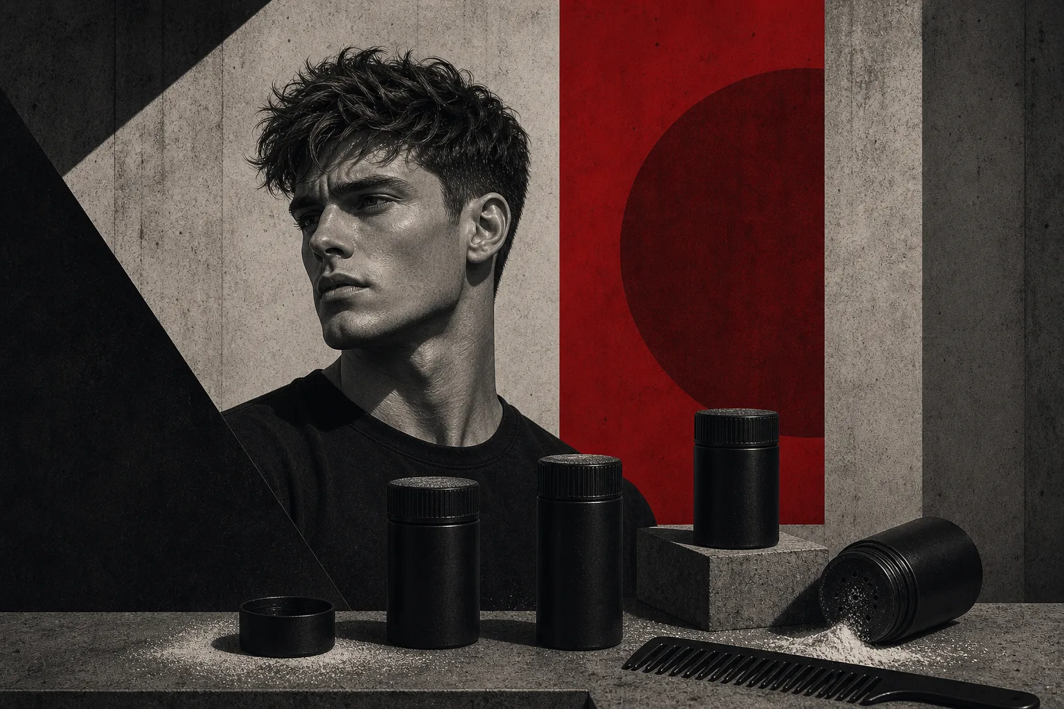 Brutalist illustration of a man using texture powder for men's hair