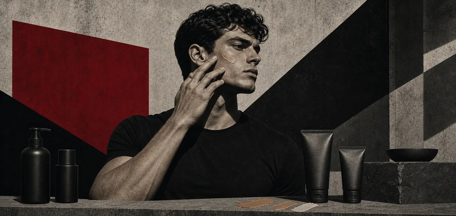 Brutalist illustration of a man applying tinted sunscreen