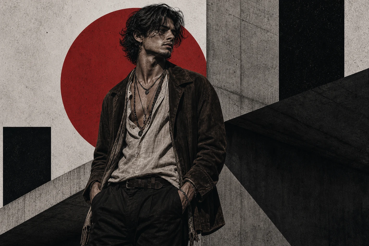 Brutalist illustration of a man wearing bohemian style menswear