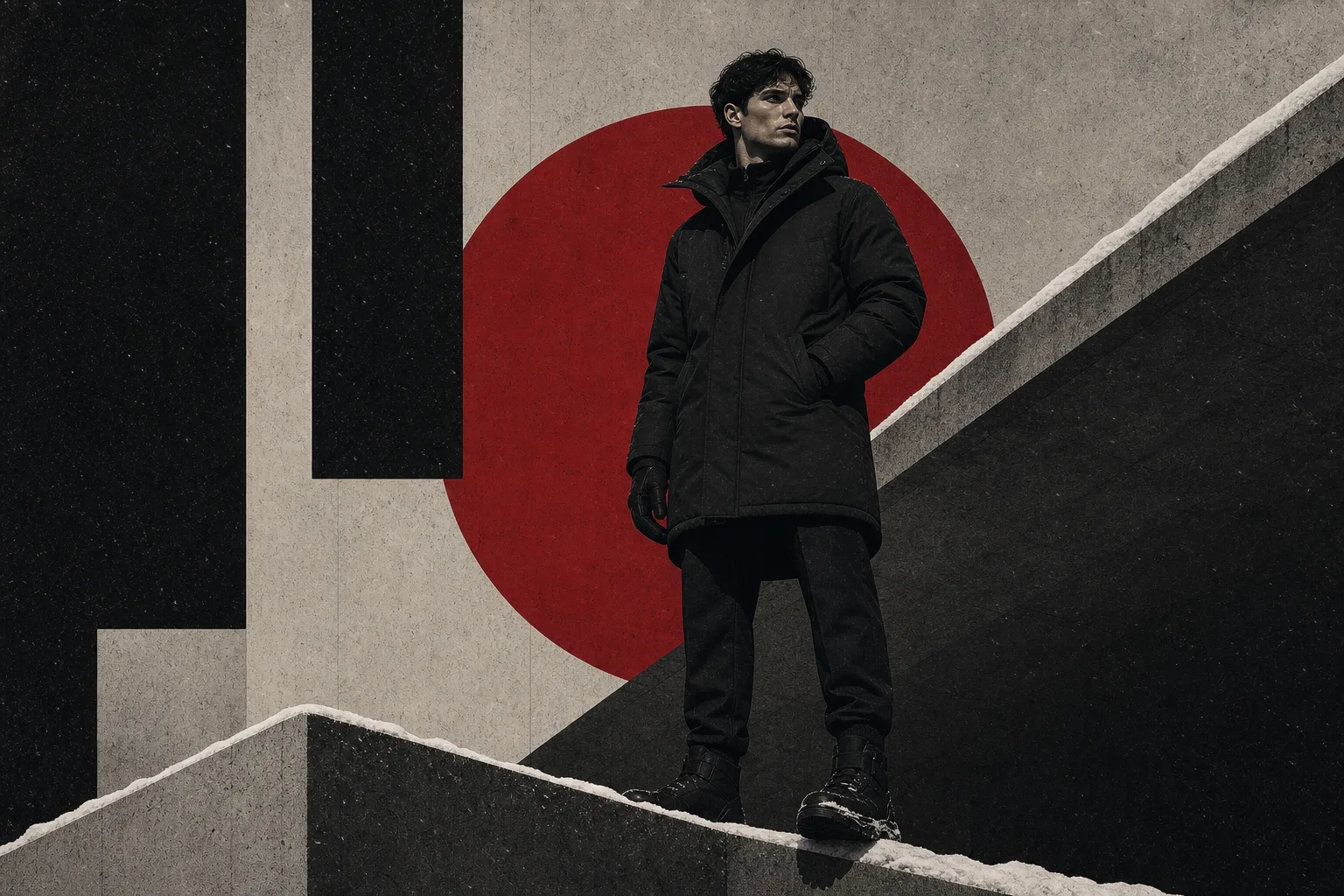 Brutalist illustration of a man wearing a premium winter parka