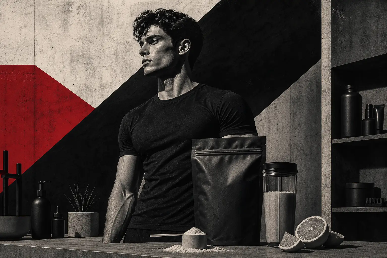 Brutalist illustration of collagen peptides for men and skin support