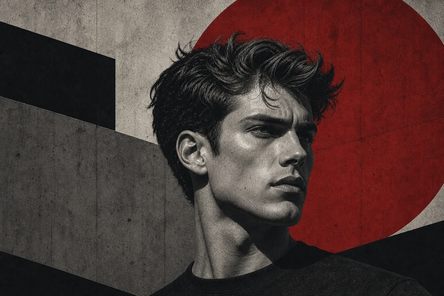 Brutalist illustration of a man with a styled cowlick hairstyle