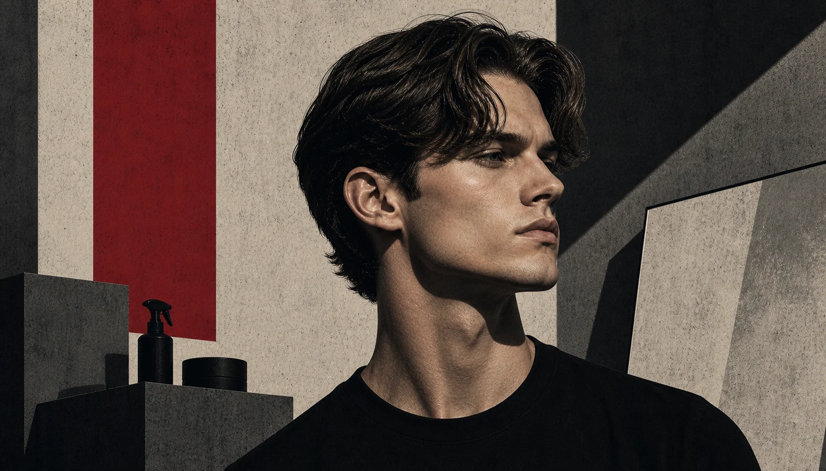 Brutalist illustration of a man with a center-part curtains hairstyle