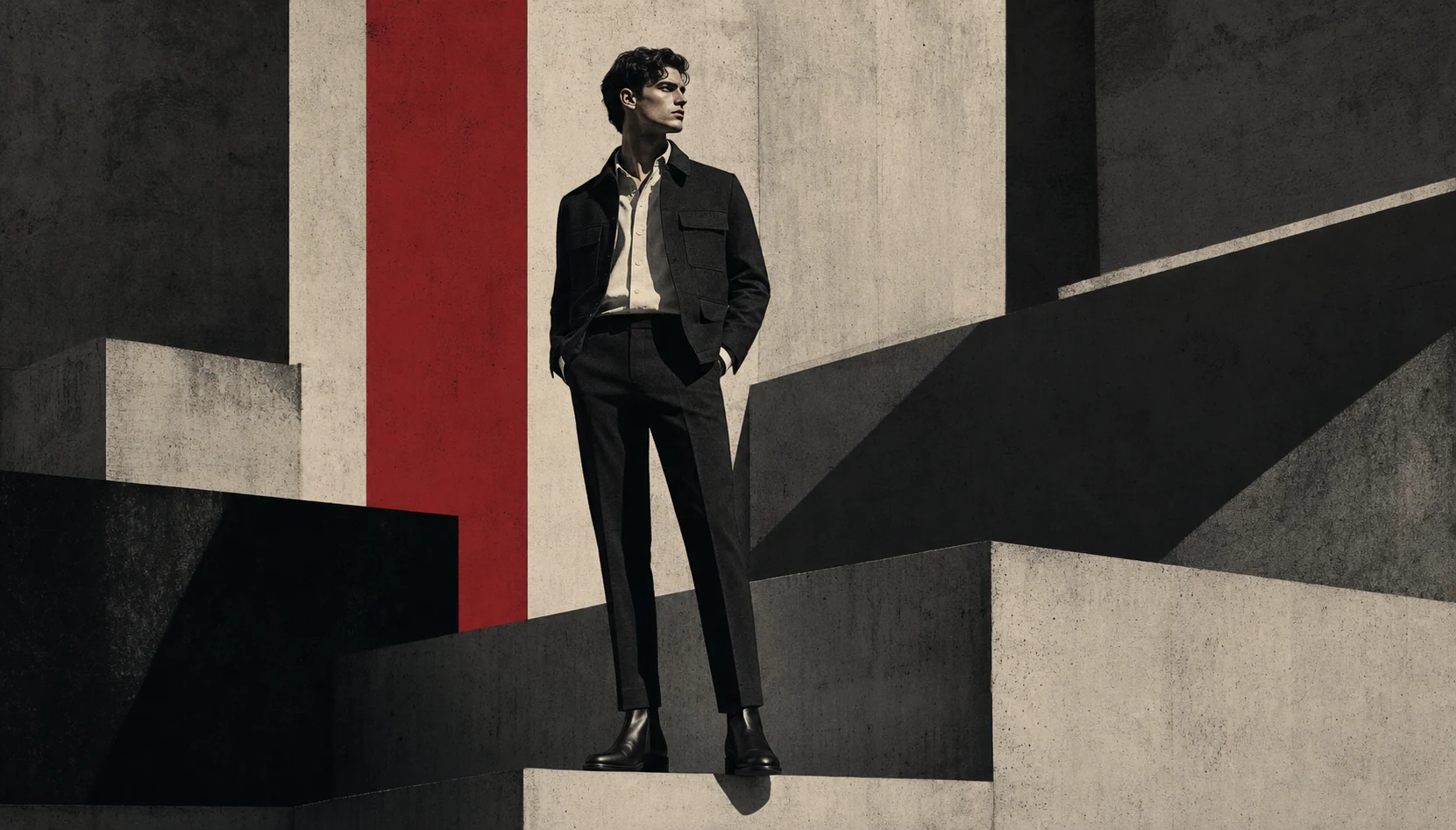 Brutalist illustration of a lean man wearing structured menswear