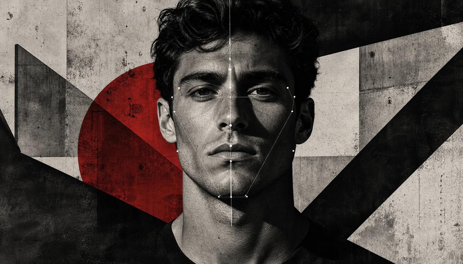 Brutalist illustration of a male face with symmetry guide lines
