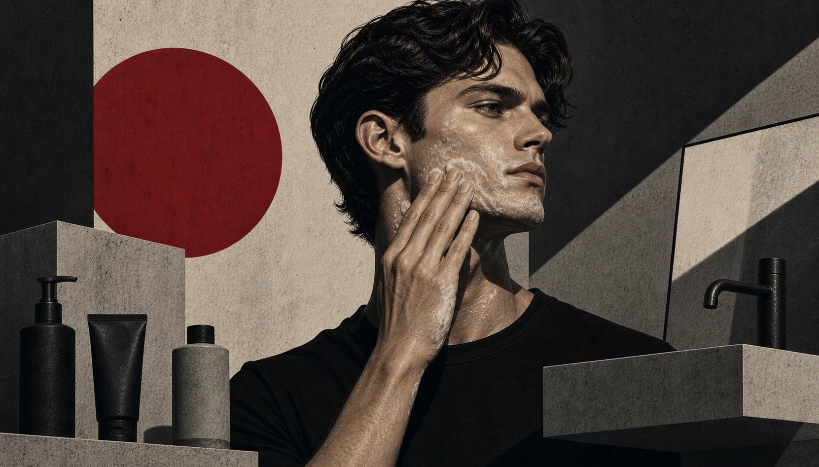 Brutalist illustration of a man washing his face