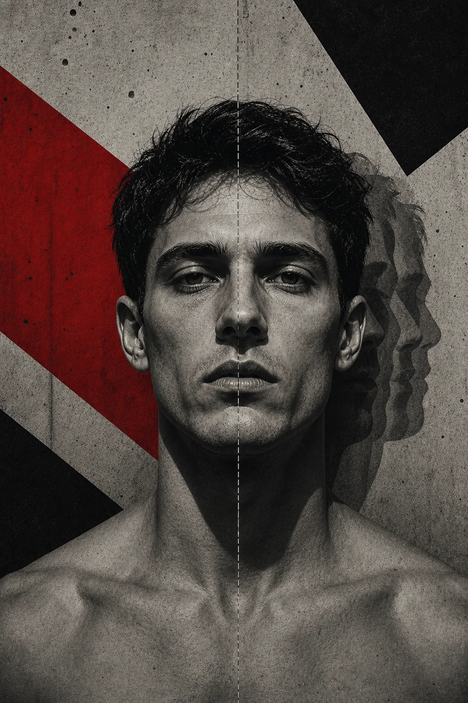 Brutalist illustration of a male face with a symmetry guide line