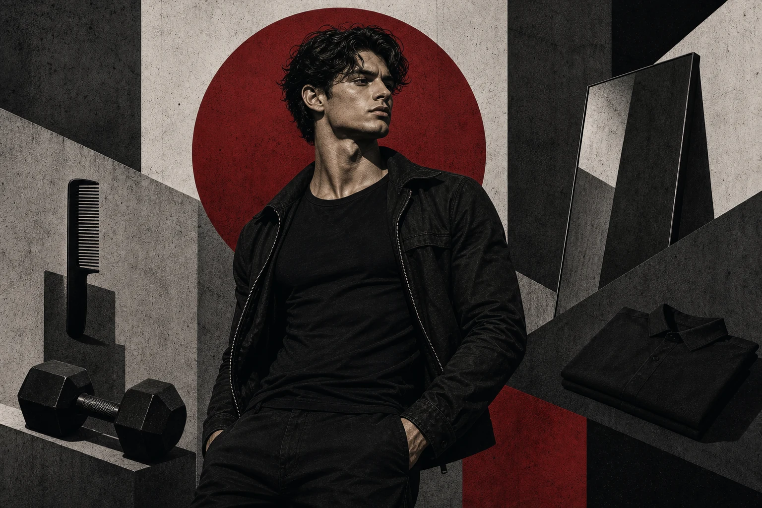 Brutalist illustration of a man with grooming fitness and style cues