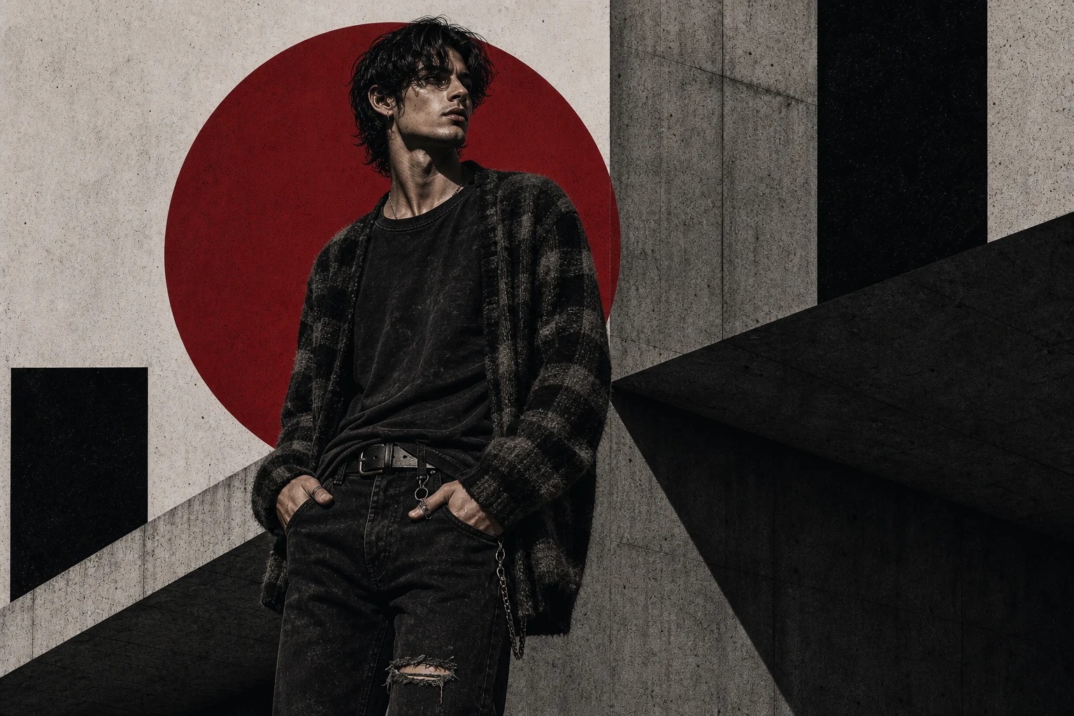 Brutalist illustration of a man wearing grunge aesthetic menswear