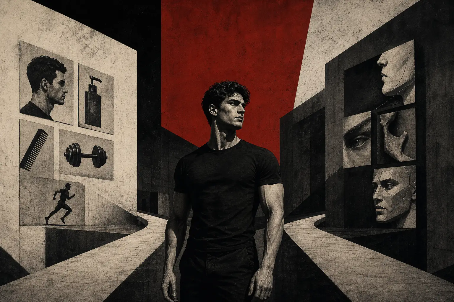 Brutalist illustration of softmaxxing versus hardmaxxing for men
