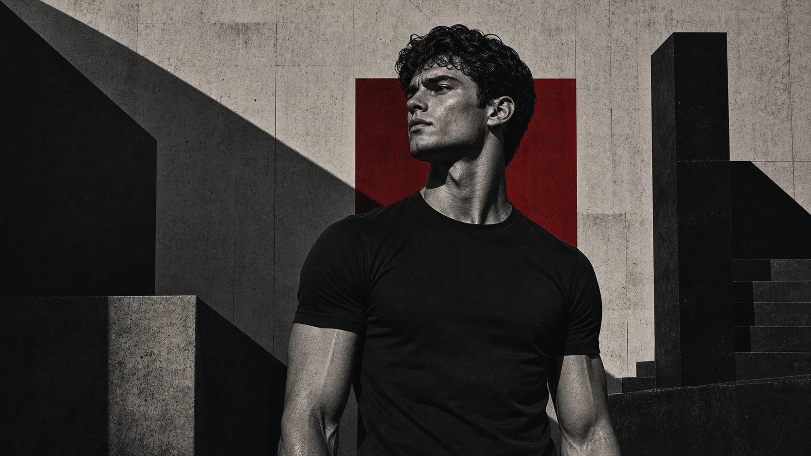 Brutalist editorial illustration of a sharp-featured man with strong posture and concrete shadows