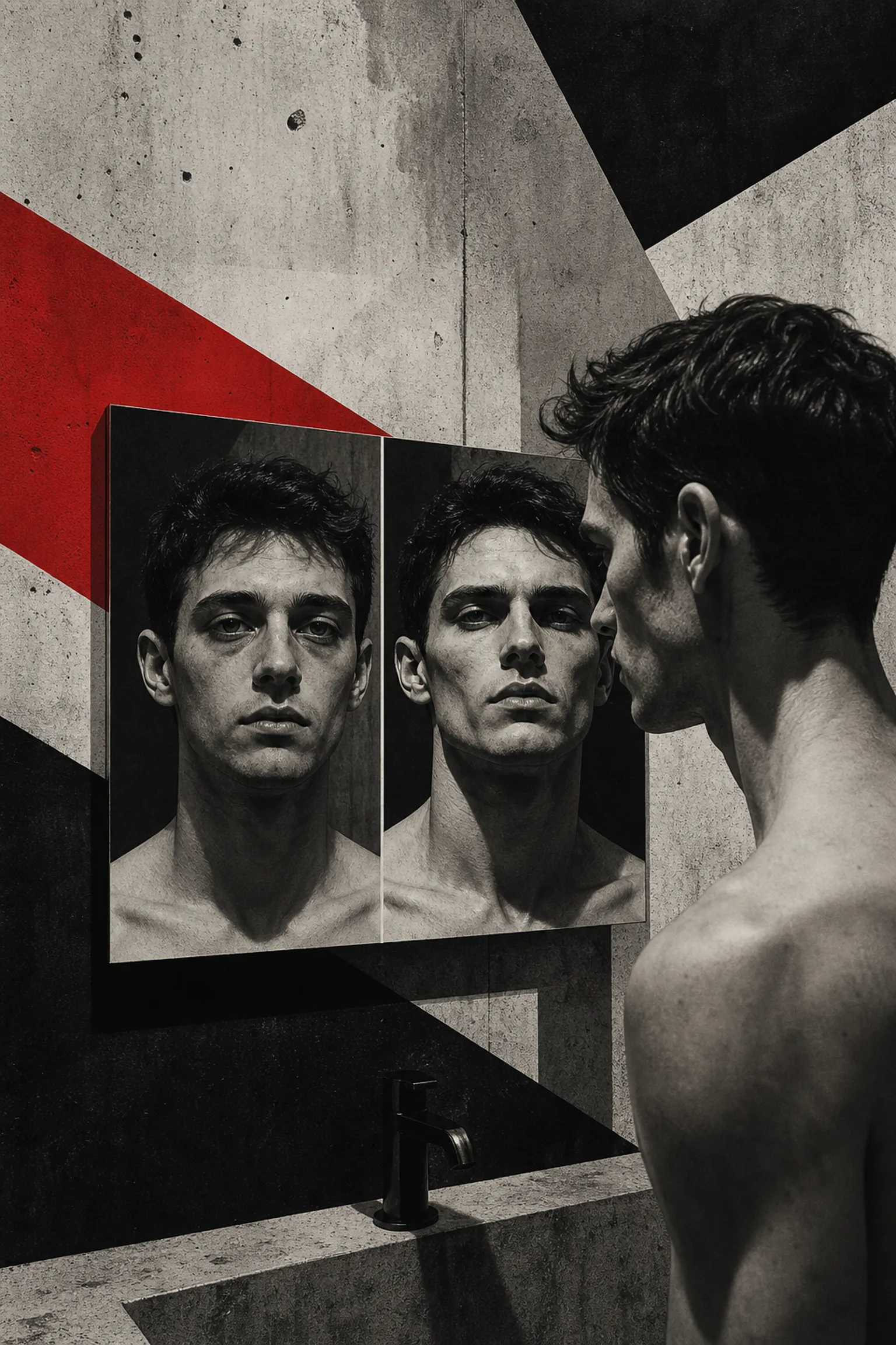 Brutalist illustration of a man comparing facial puffiness and jawline definition