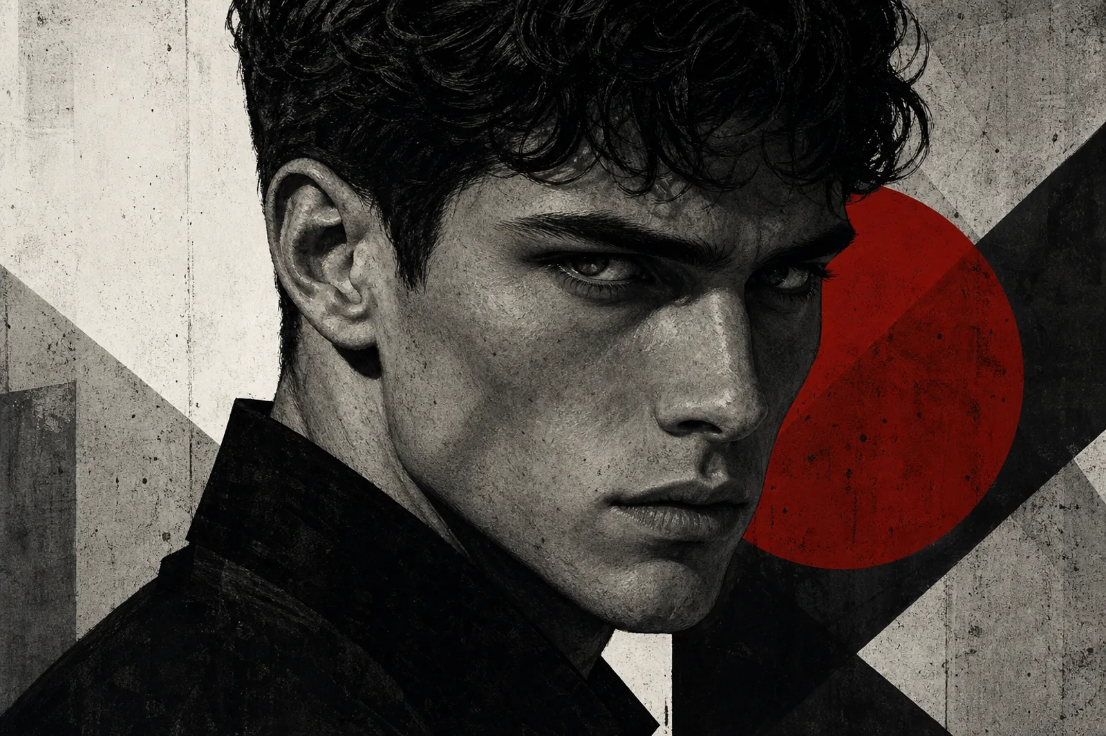 Brutalist illustration of a sharp male eye area with heavy brow shadow