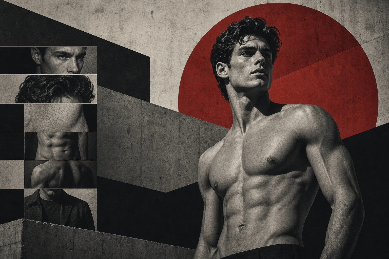 Brutalist illustration of a man improving facial attractiveness grooming and style