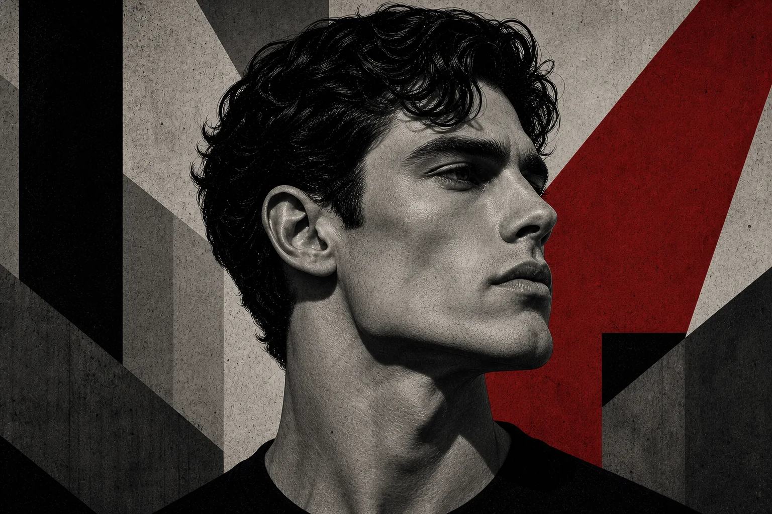 Brutalist illustration of a sharp male jawline angle in profile