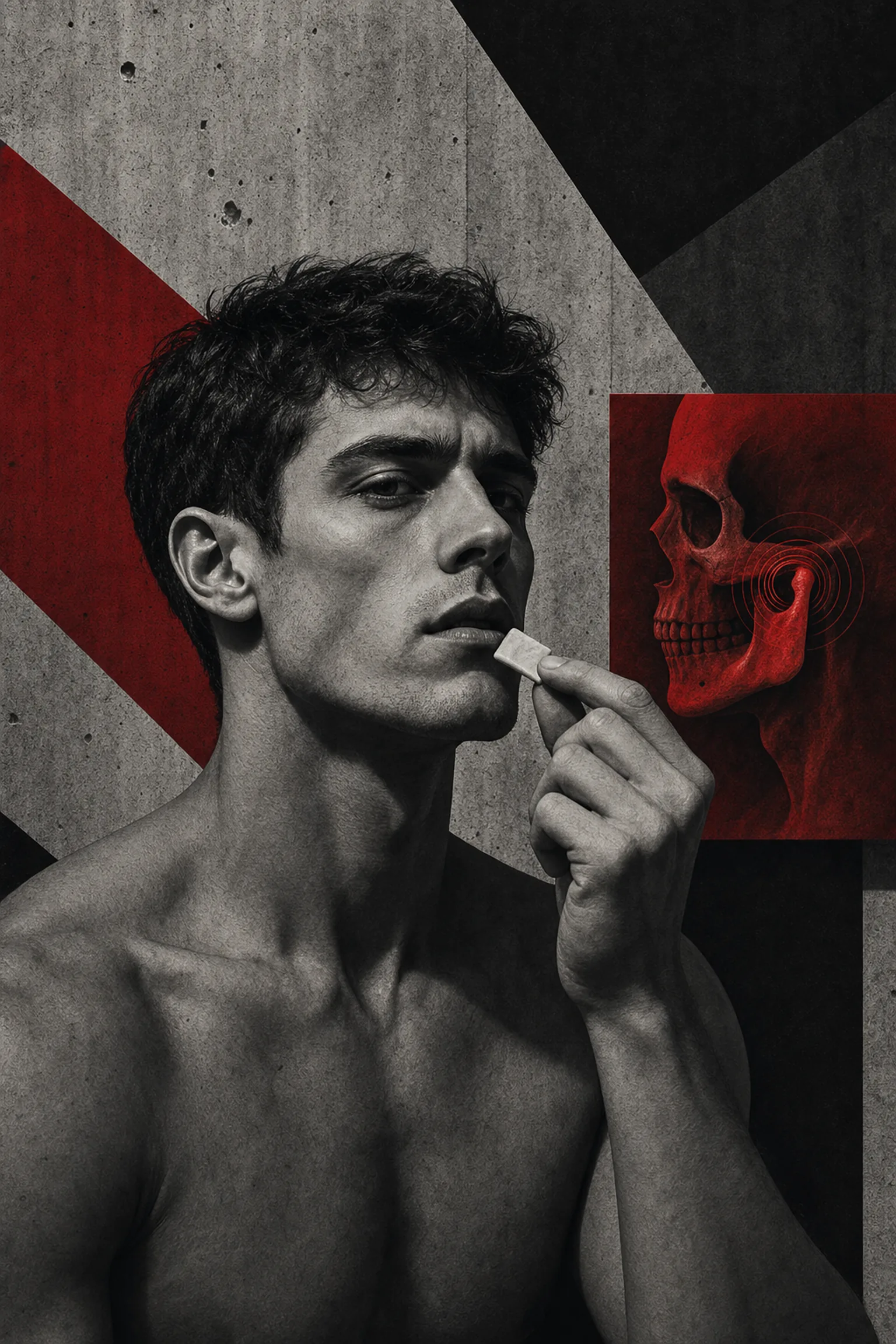 Brutalist illustration of a man chewing gum with jaw joint warning graphic