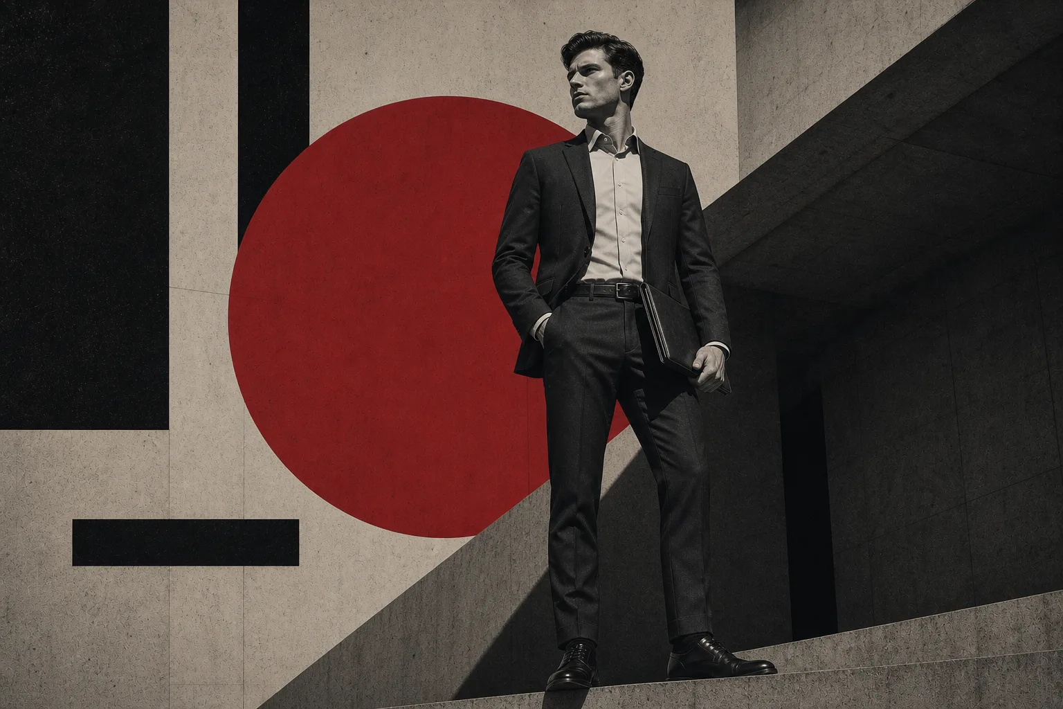 Brutalist illustration of a man wearing a job interview outfit