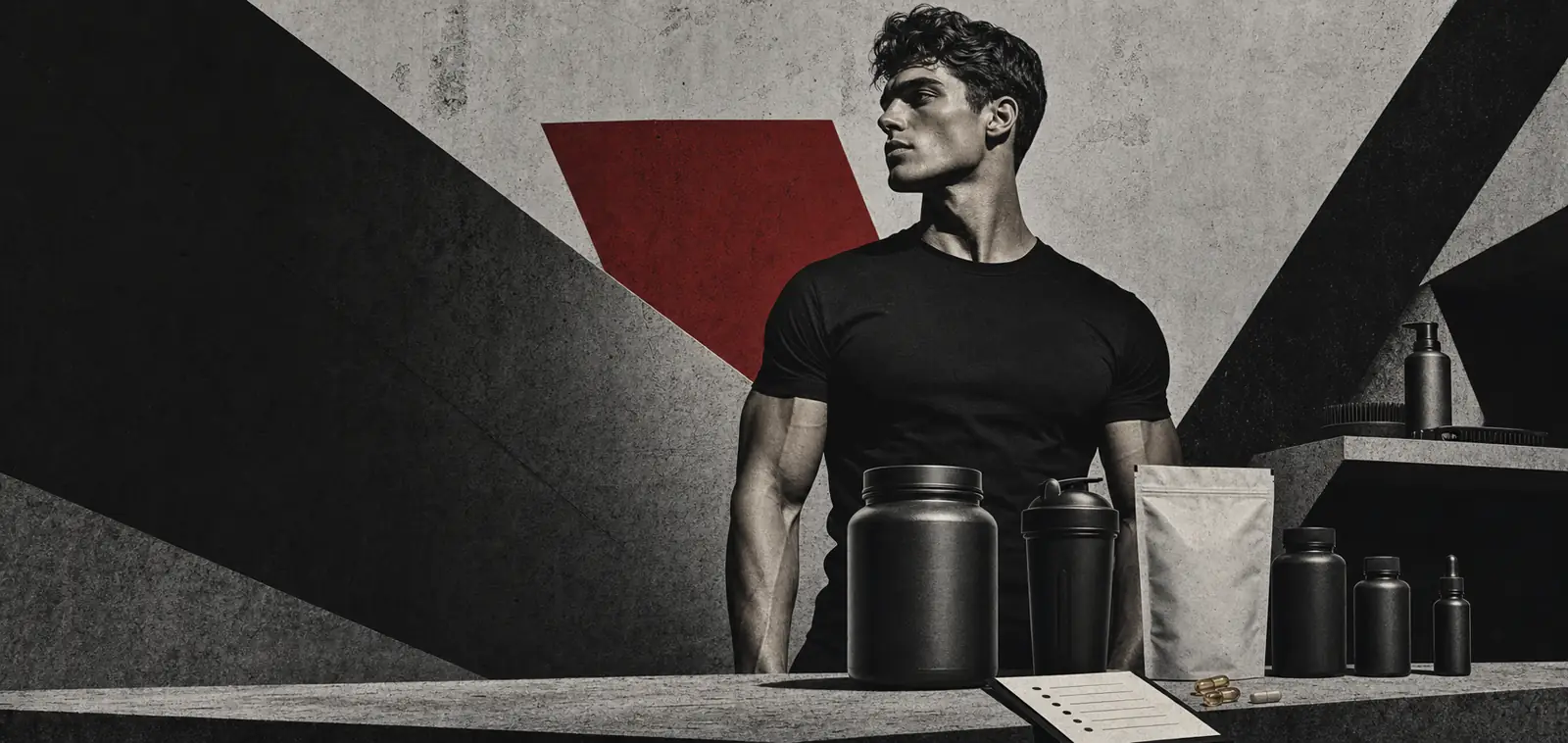 Brutalist illustration of looksmaxxing supplements for men