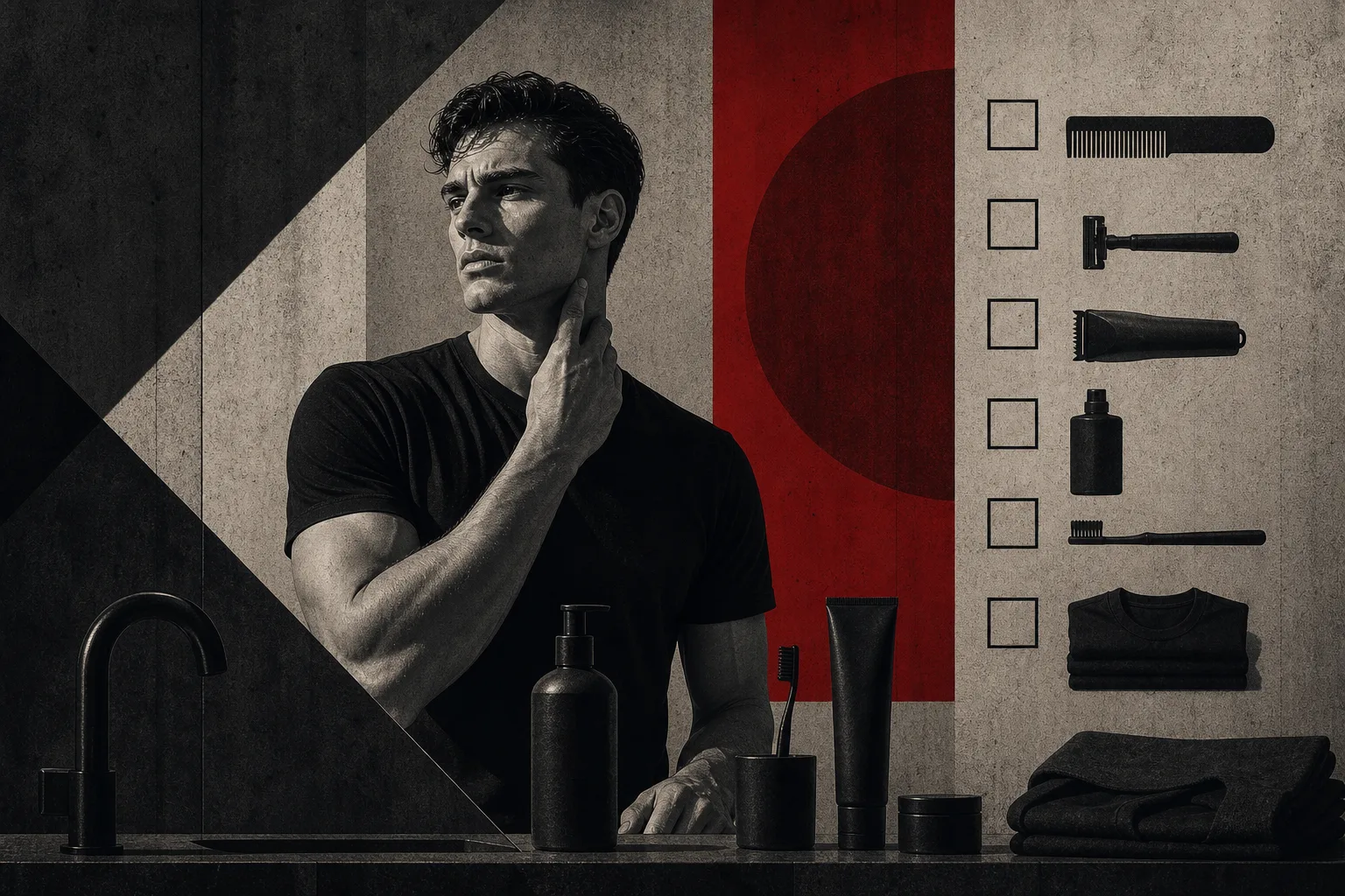 Brutalist illustration of a man following a grooming checklist