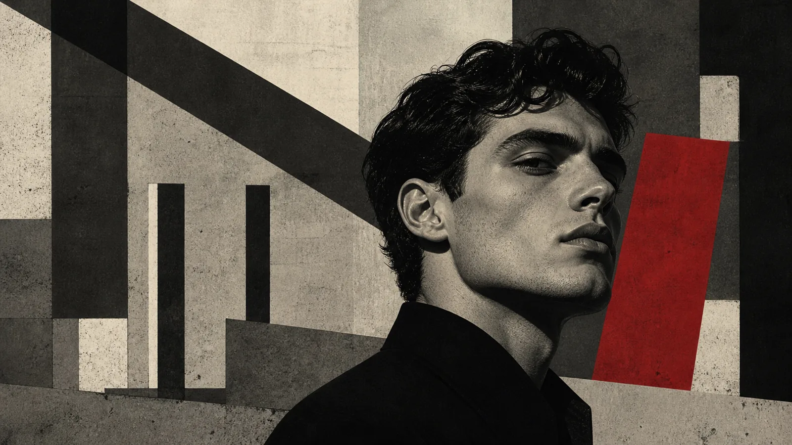 Brutalist editorial portrait of a sharp-featured man with abstract evaluation blocks