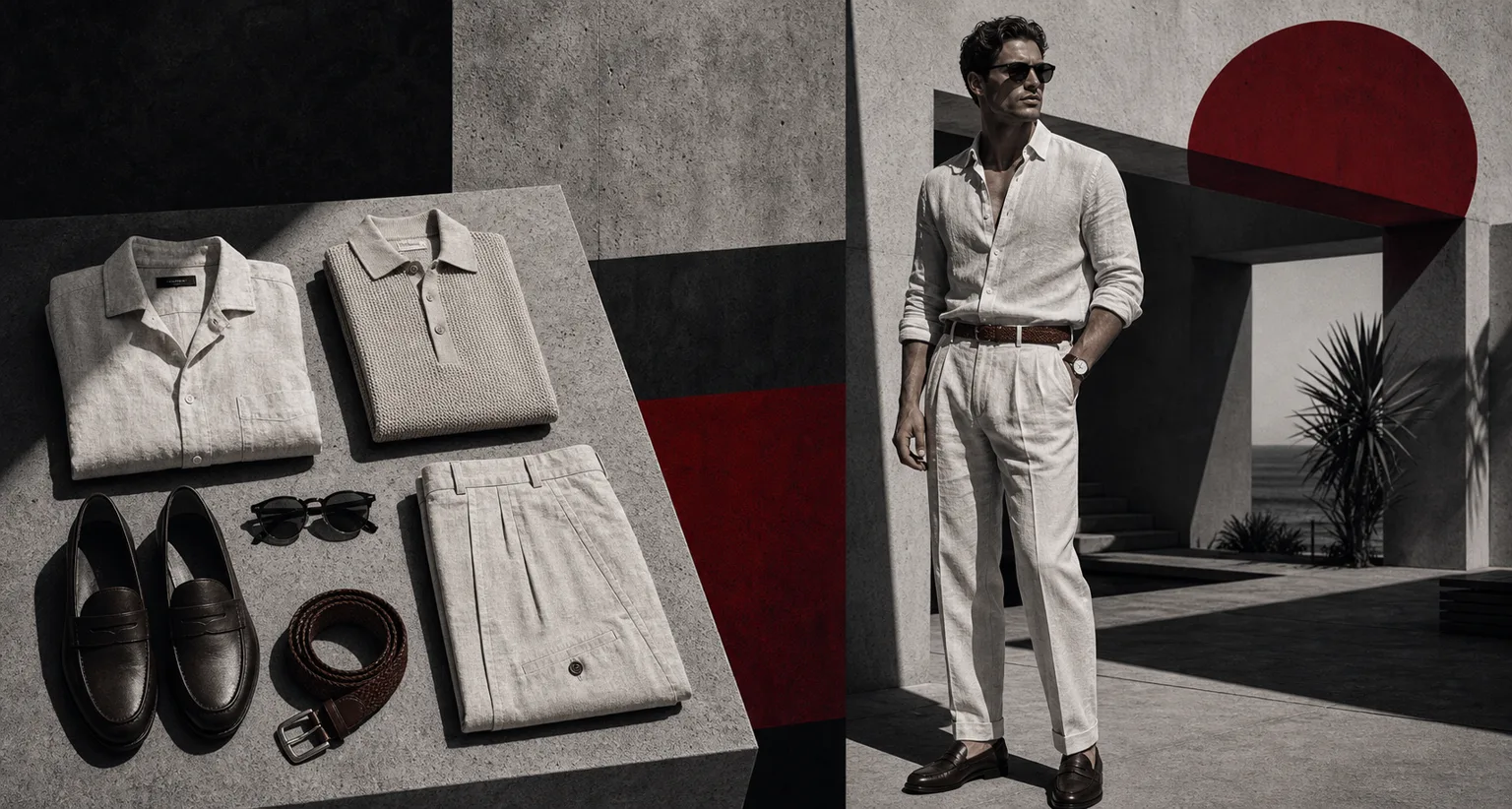 Brutalist illustration of a man wearing an old money summer outfit