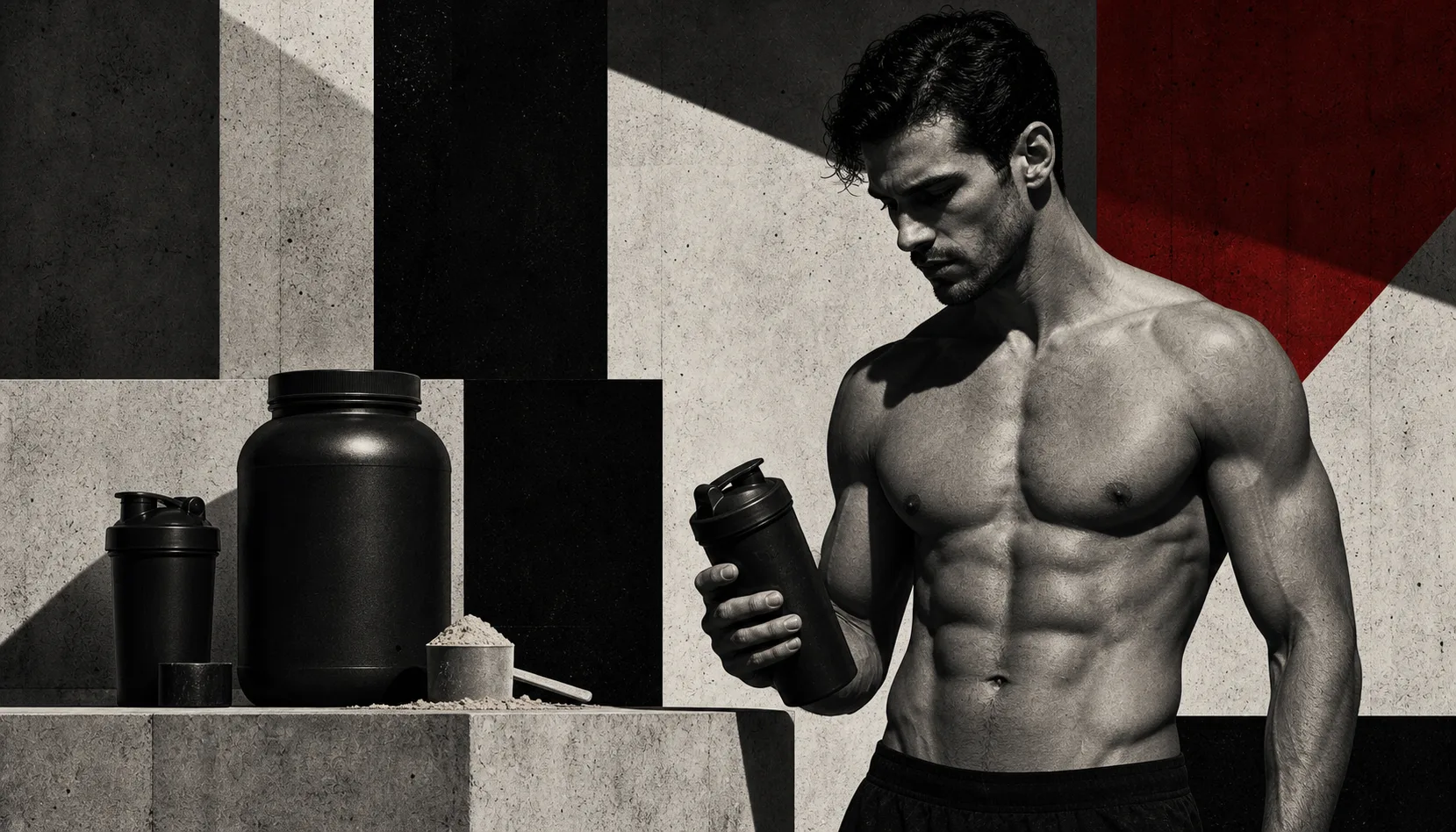 Brutalist illustration of a lean man holding a protein shaker beside protein powder
