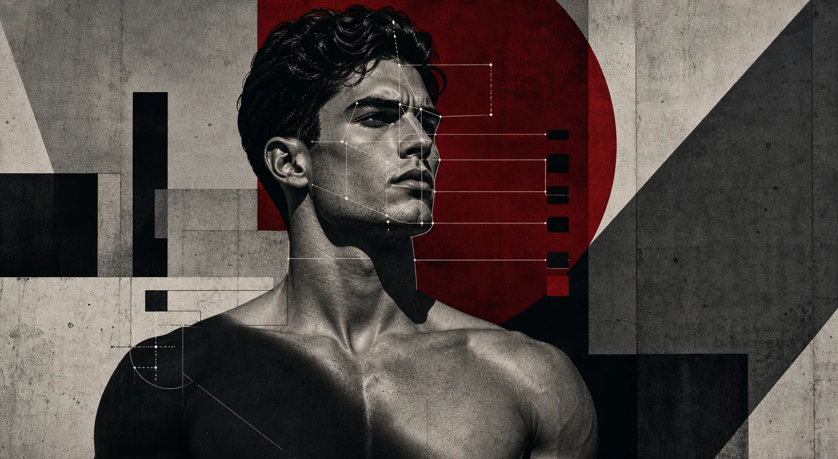 Brutalist illustration of a PSL rating app analyzing a man's face