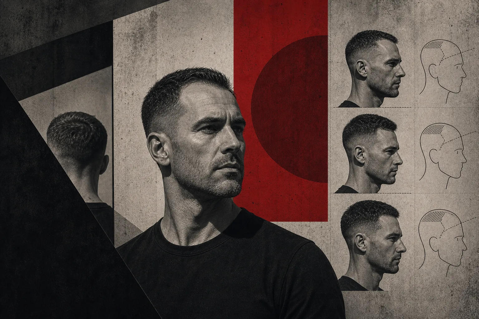 Brutalist illustration of a man with a receding hairline choosing a sharp haircut