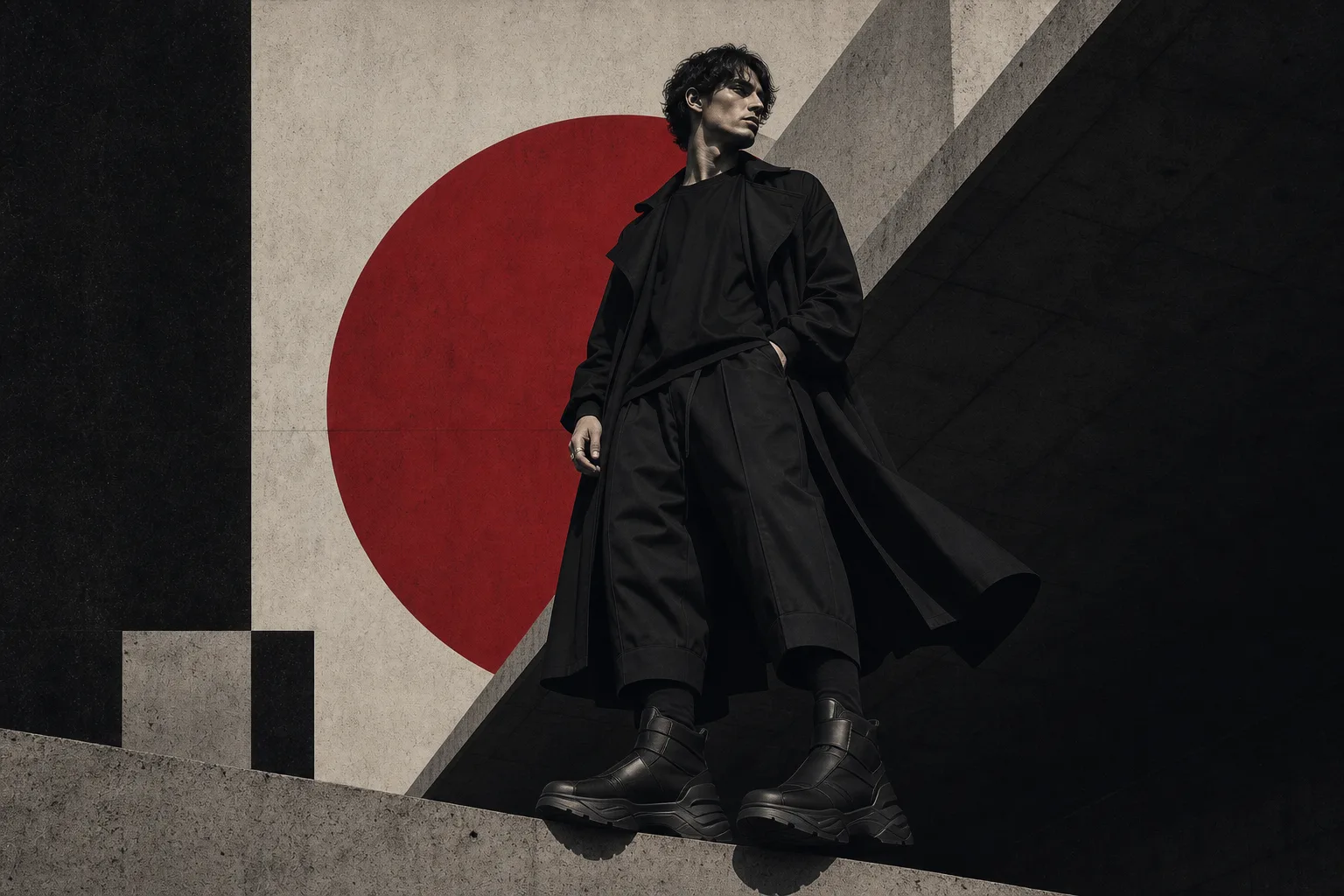 Brutalist illustration of a man wearing avant-garde black footwear