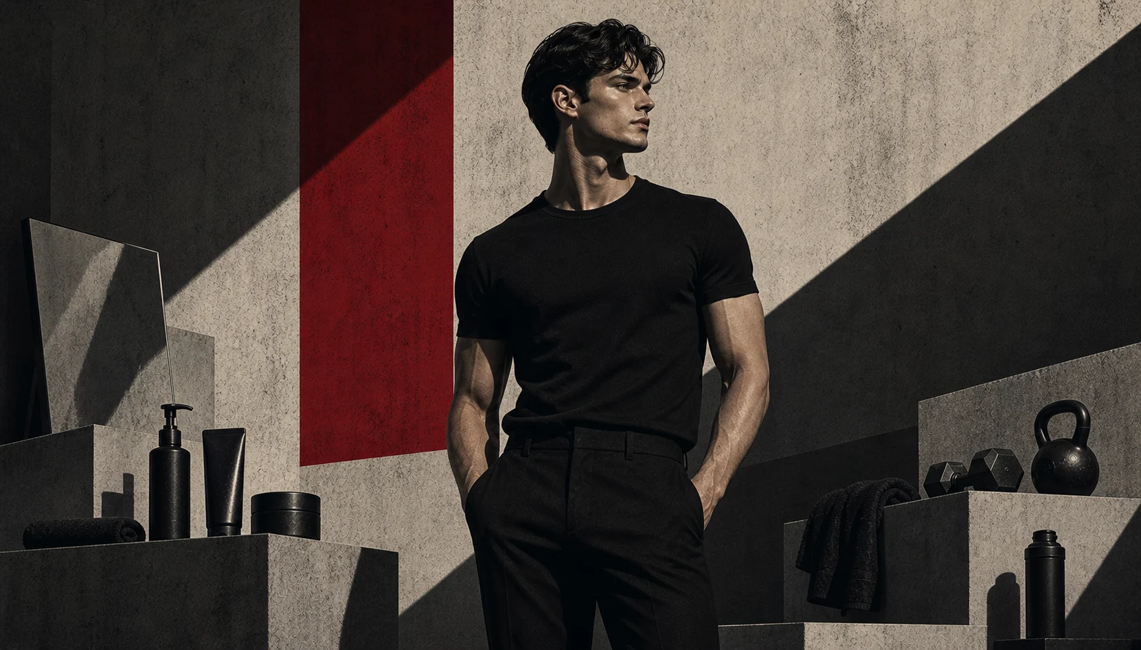 Brutalist illustration of a man with grooming, fitness, and style fundamentals