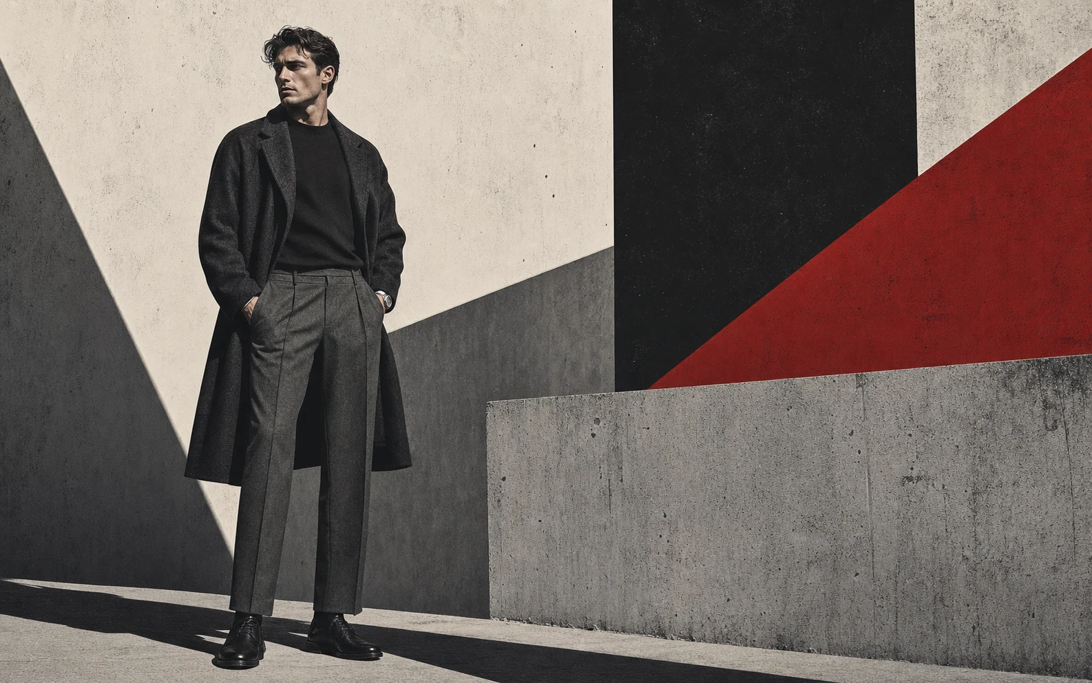 Brutalist illustration of a man wearing mature modern menswear in his 30s