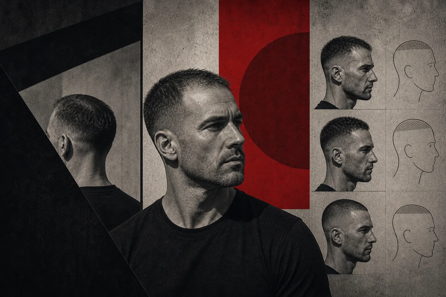 Brutalist illustration of a man with thinning hair choosing a sharp haircut