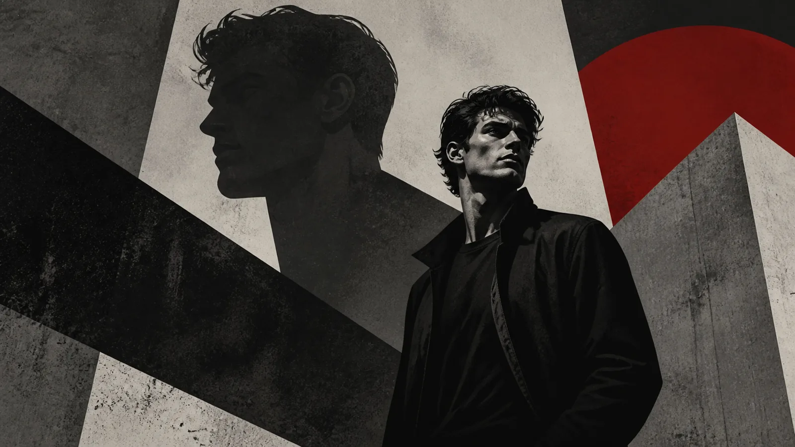 Brutalist editorial illustration of a sharp-featured man with an abstract shadow silhouette