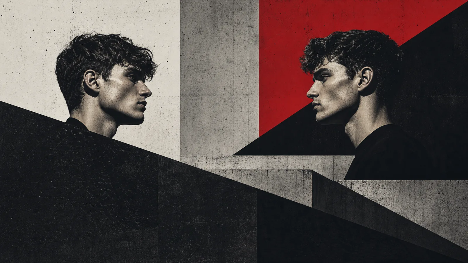 Brutalist editorial illustration of two sharp male profiles facing each other in concrete shadows