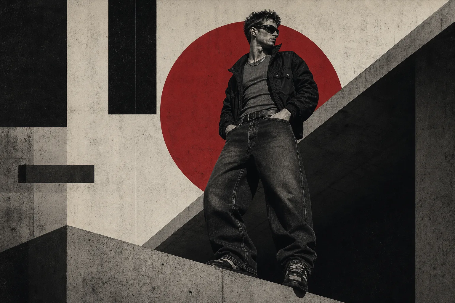 Brutalist illustration of a man wearing Y2K style menswear